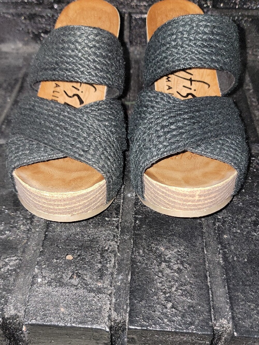 Black Woven Strap Wedge Sandals - Women's Slip-On - Picture 7 of 9